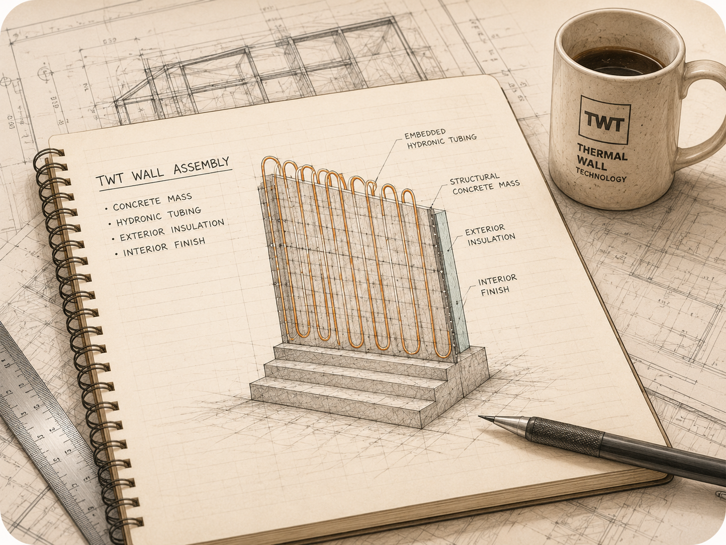 Thermal Wall Technology concept sketched in an engineering notebook