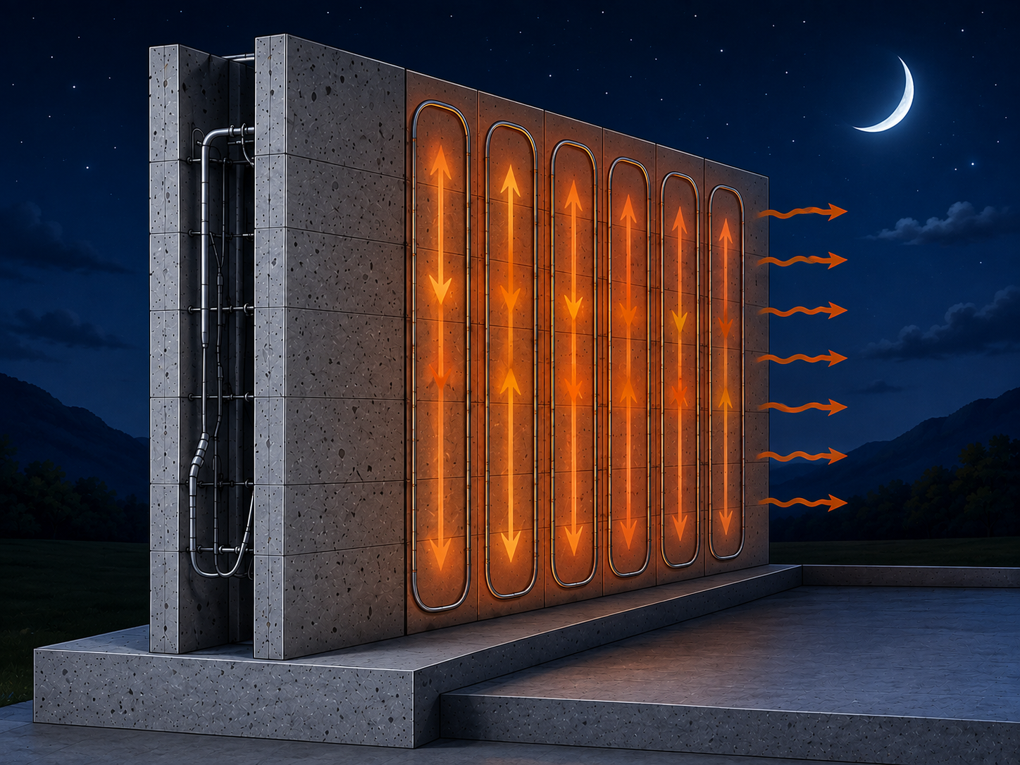Stored heat radiating from a Thermal Wall at night