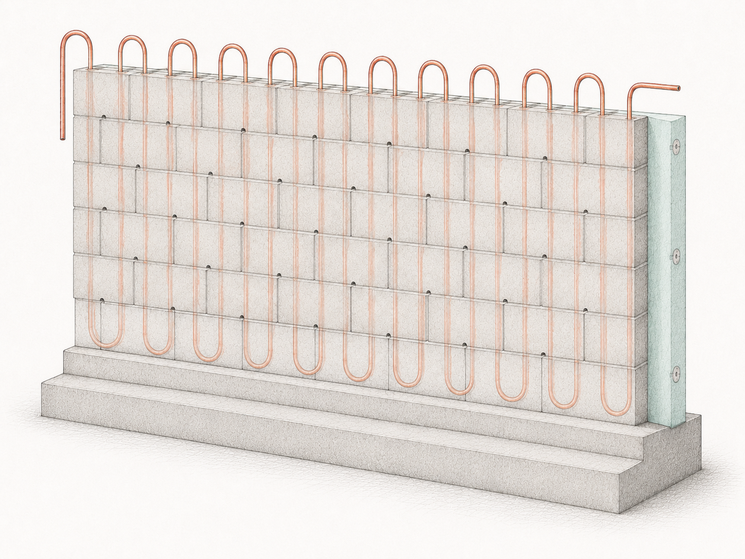 Concrete thermal wall with embedded hydronic tubing and exterior insulation