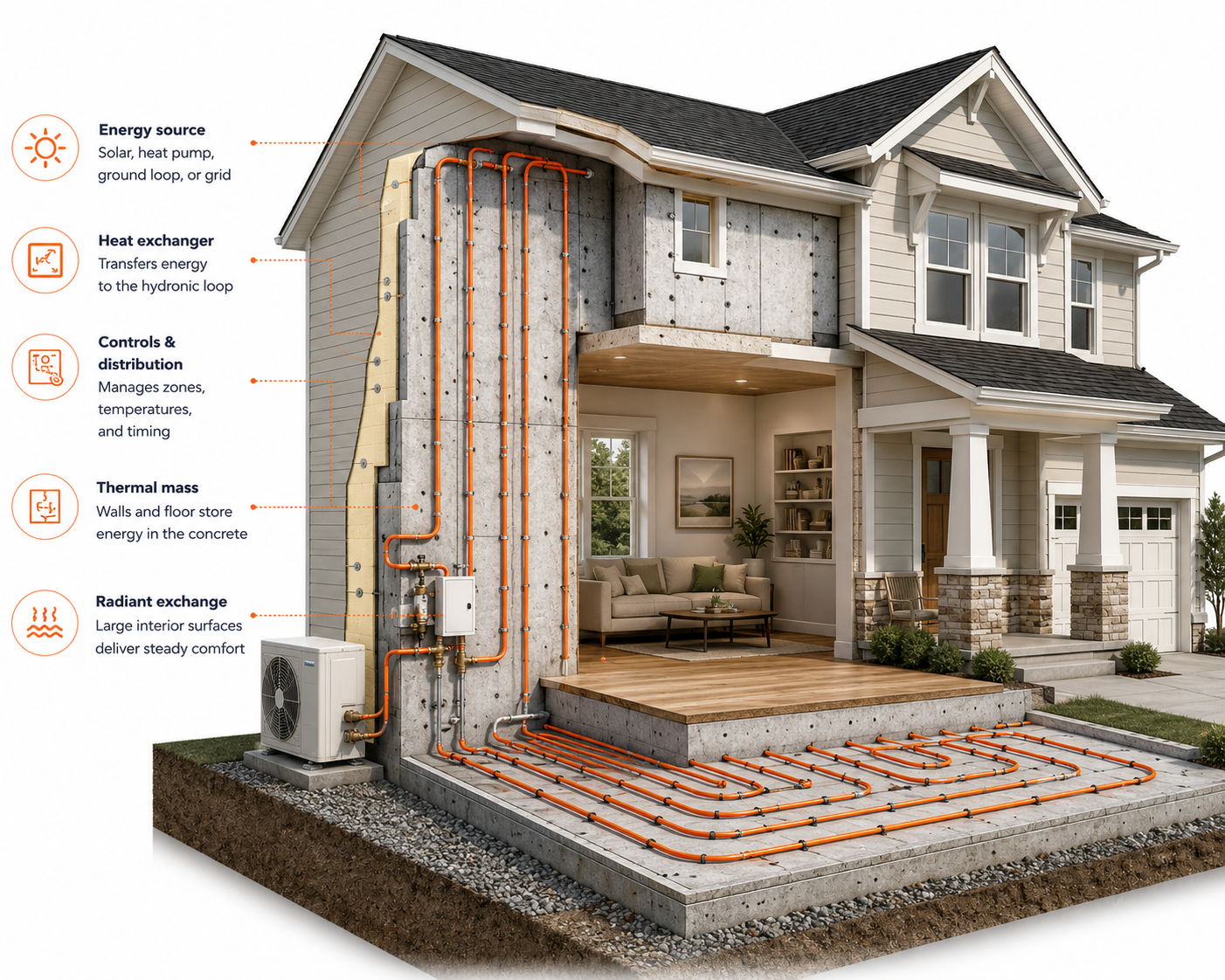Thermal Wall cutaway showing hydronic tubing, concrete thermal mass, controls, and a conditioned room