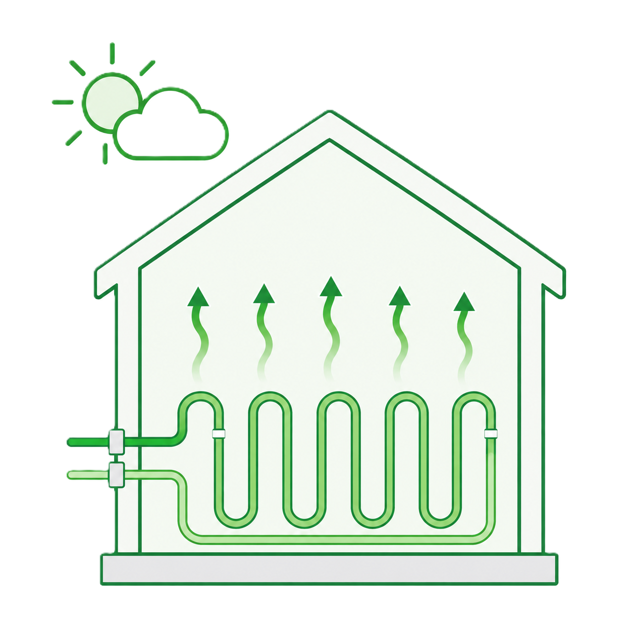 Passive solar mode storing collected heat in the concrete mass