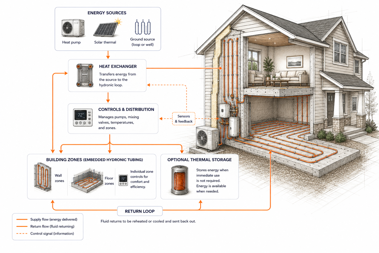 Thermal Wall closed-loop system map showing energy sources, controls, building zones, thermal storage, and return flow